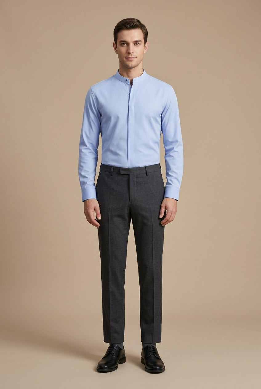 Men's Long-Sleeve Mandarin Collar Shirt with Hidden Placket