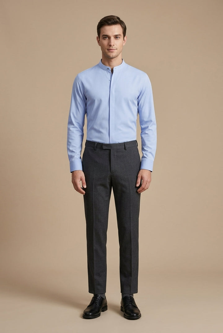 Men's Long-Sleeve Mandarin Collar Shirt with Hidden Placket