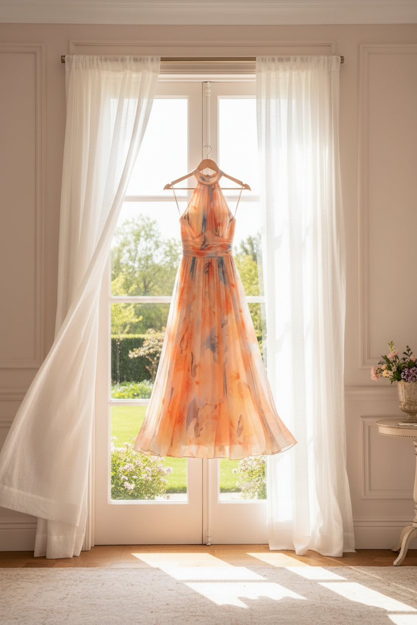 Women's Floral Halter-Neck Chiffon Maxi Dress with Open Back