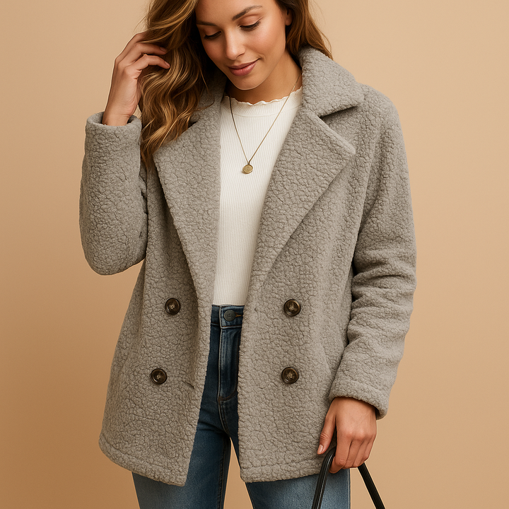 Women’s Short Teddy Winter Coat with Button Fastening