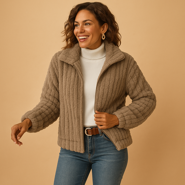 Women’s Long Fleece Jacket with Stand Collar – Warmth Meets Everyday Elegance