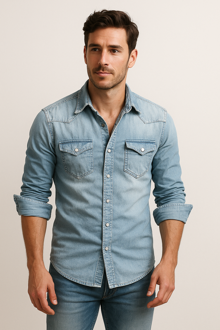 Men's Relaxed-Fit Denim Shirt with Classic Collar for Casual Wear