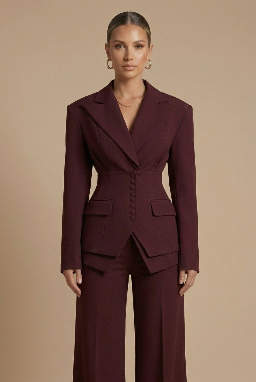 Women's Two-Piece Suit with Peaked Lapel Blazer and Wide-Leg Trousers