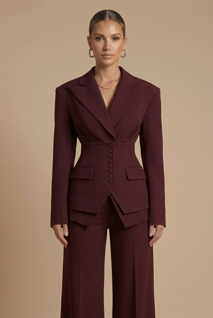 Women's Two-Piece Suit with Peaked Lapel Blazer and Wide-Leg Trousers