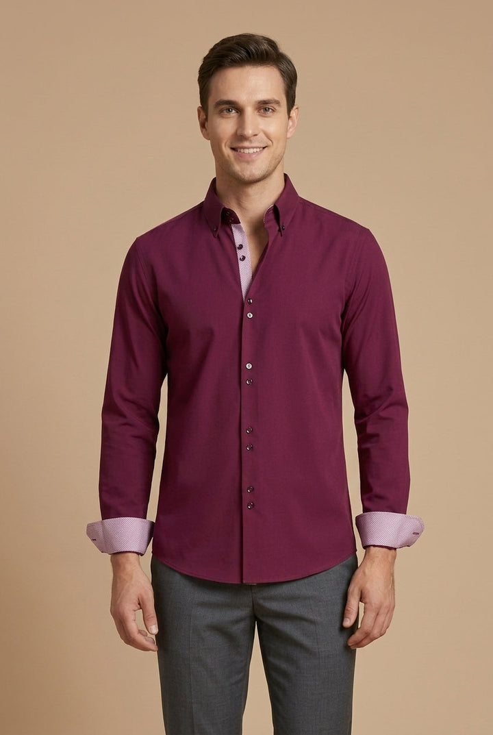 Men's Long-Sleeve Dress Shirt with Double Collar and Contrast Cuffs
