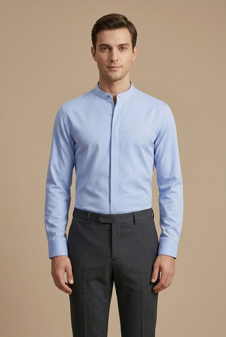 Men's Long-Sleeve Mandarin Collar Shirt with Hidden Placket