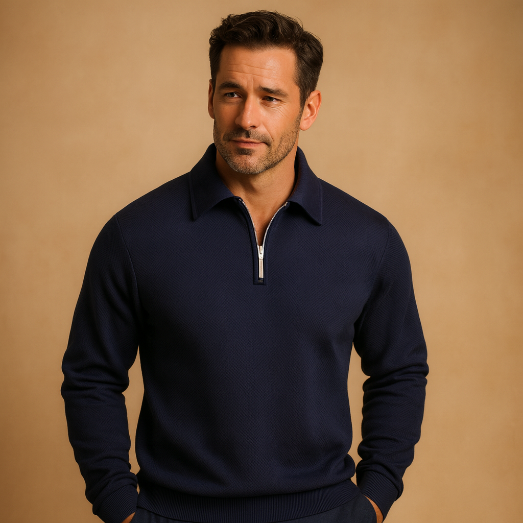 Men’s Quarter-Zip Polo Sweater with Geometric Pattern