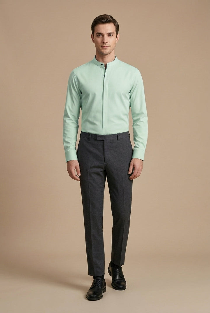 Men's Long-Sleeve Mandarin Collar Shirt with Hidden Placket
