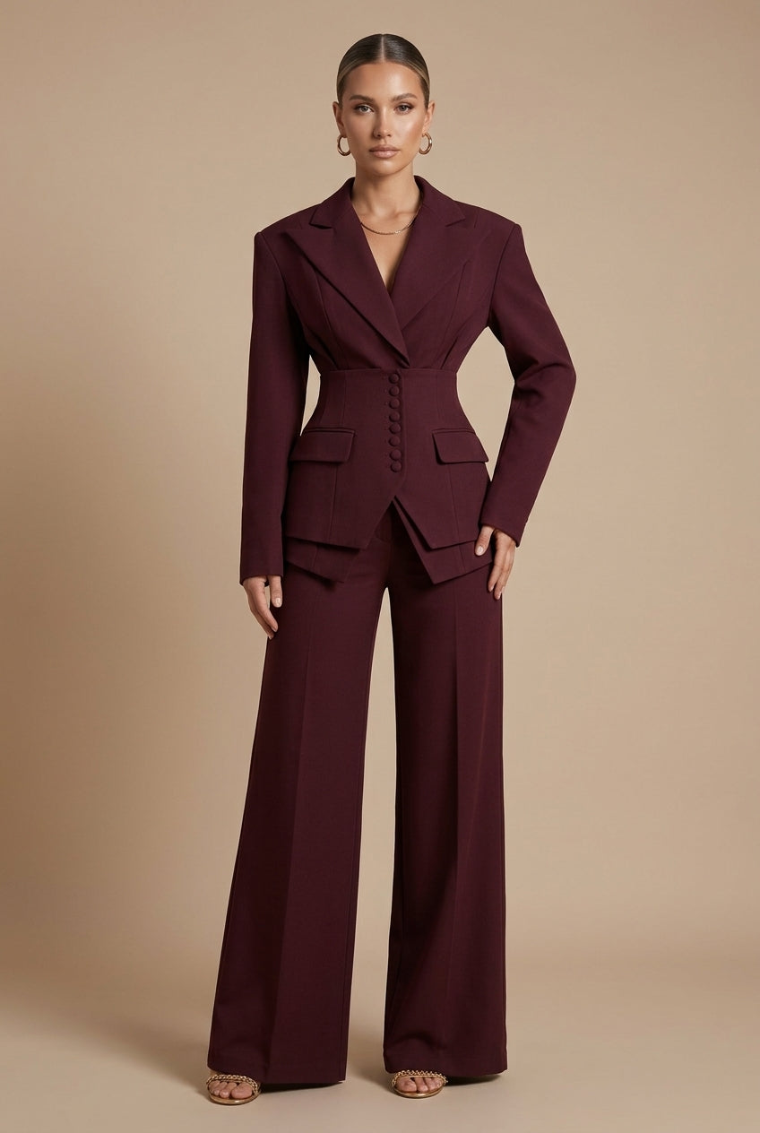 Women's Two-Piece Suit with Peaked Lapel Blazer and Wide-Leg Trousers