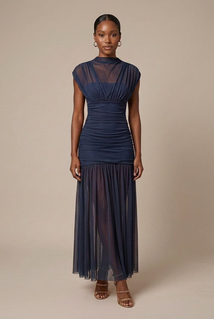 Women's Ruched Drop-Waist Mesh Maxi Dress with High Neck