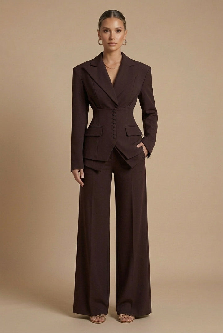 Women's Two-Piece Suit with Peaked Lapel Blazer and Wide-Leg Trousers