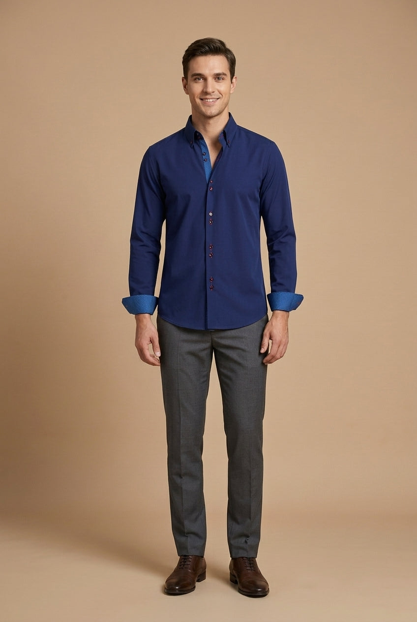 Men's Long-Sleeve Dress Shirt with Double Collar and Contrast Cuffs