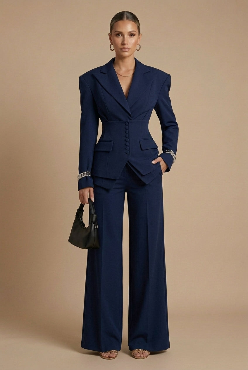 Women's Two-Piece Suit with Peaked Lapel Blazer and Wide-Leg Trousers