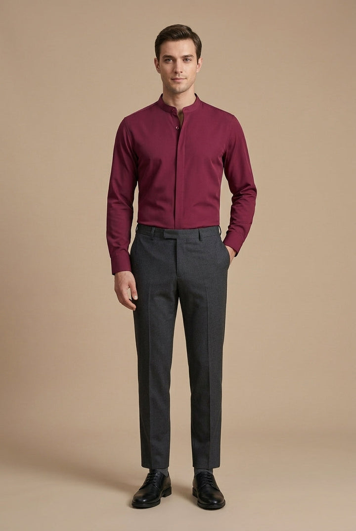 Men's Long-Sleeve Mandarin Collar Shirt with Hidden Placket