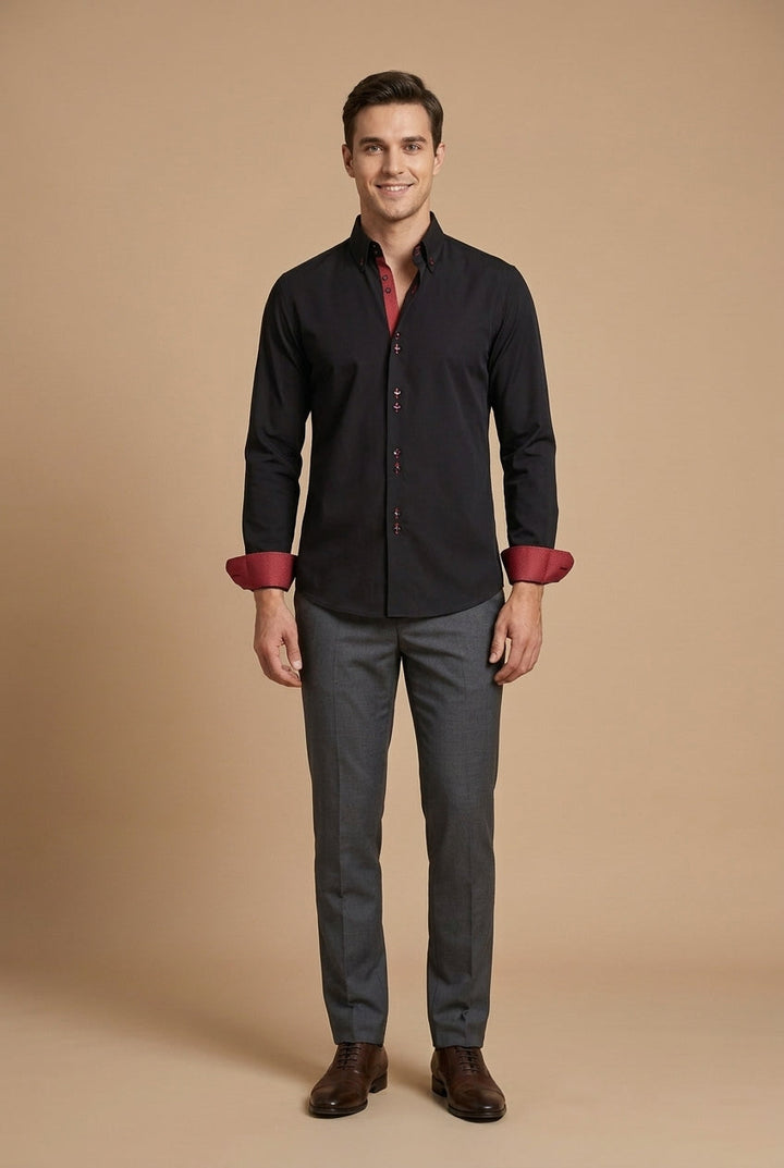 Men's Long-Sleeve Dress Shirt with Double Collar and Contrast Cuffs