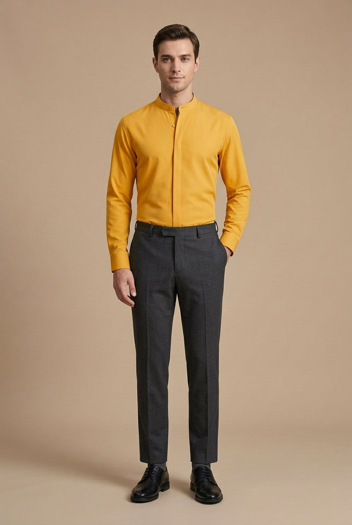 Men's Long-Sleeve Mandarin Collar Shirt with Hidden Placket