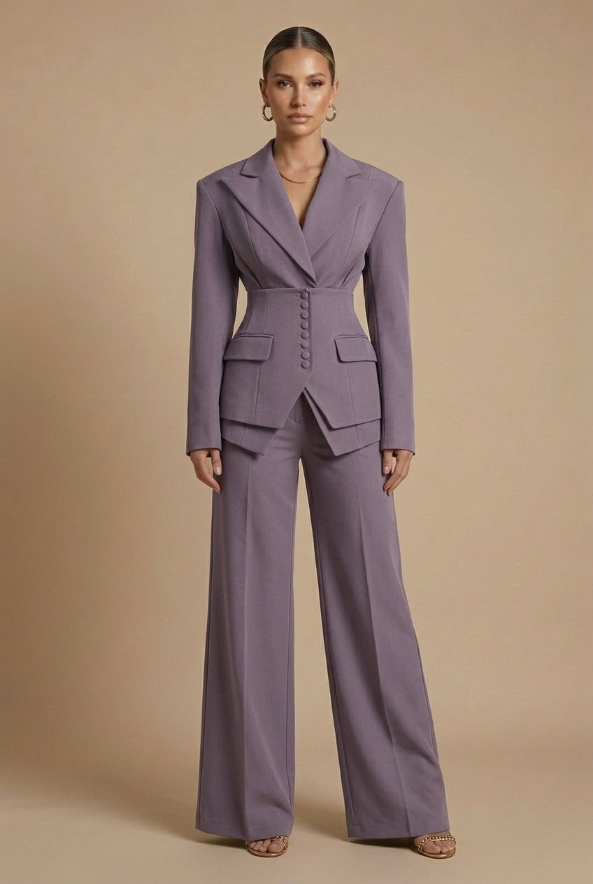 Women's Two-Piece Suit with Peaked Lapel Blazer and Wide-Leg Trousers