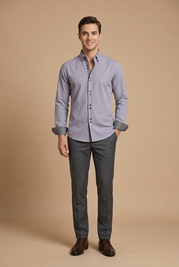 Men's Long-Sleeve Dress Shirt with Double Collar and Contrast Cuffs