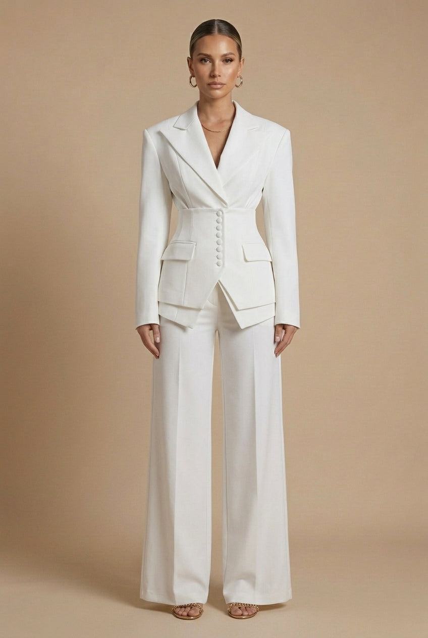 Women's Two-Piece Suit with Peaked Lapel Blazer and Wide-Leg Trousers