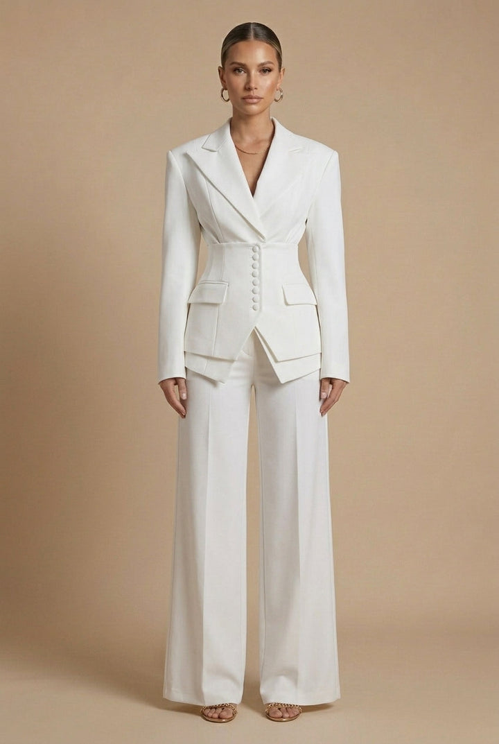 Women's Two-Piece Suit with Peaked Lapel Blazer and Wide-Leg Trousers