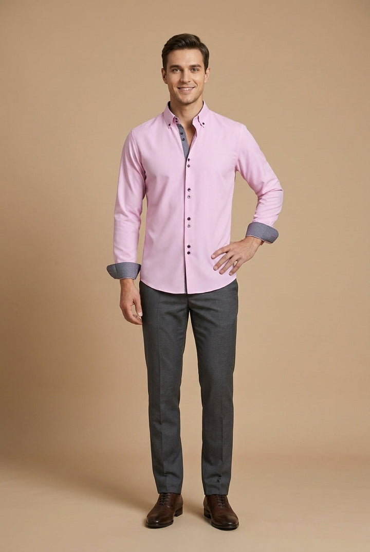 Men's Long-Sleeve Dress Shirt with Double Collar and Contrast Cuffs