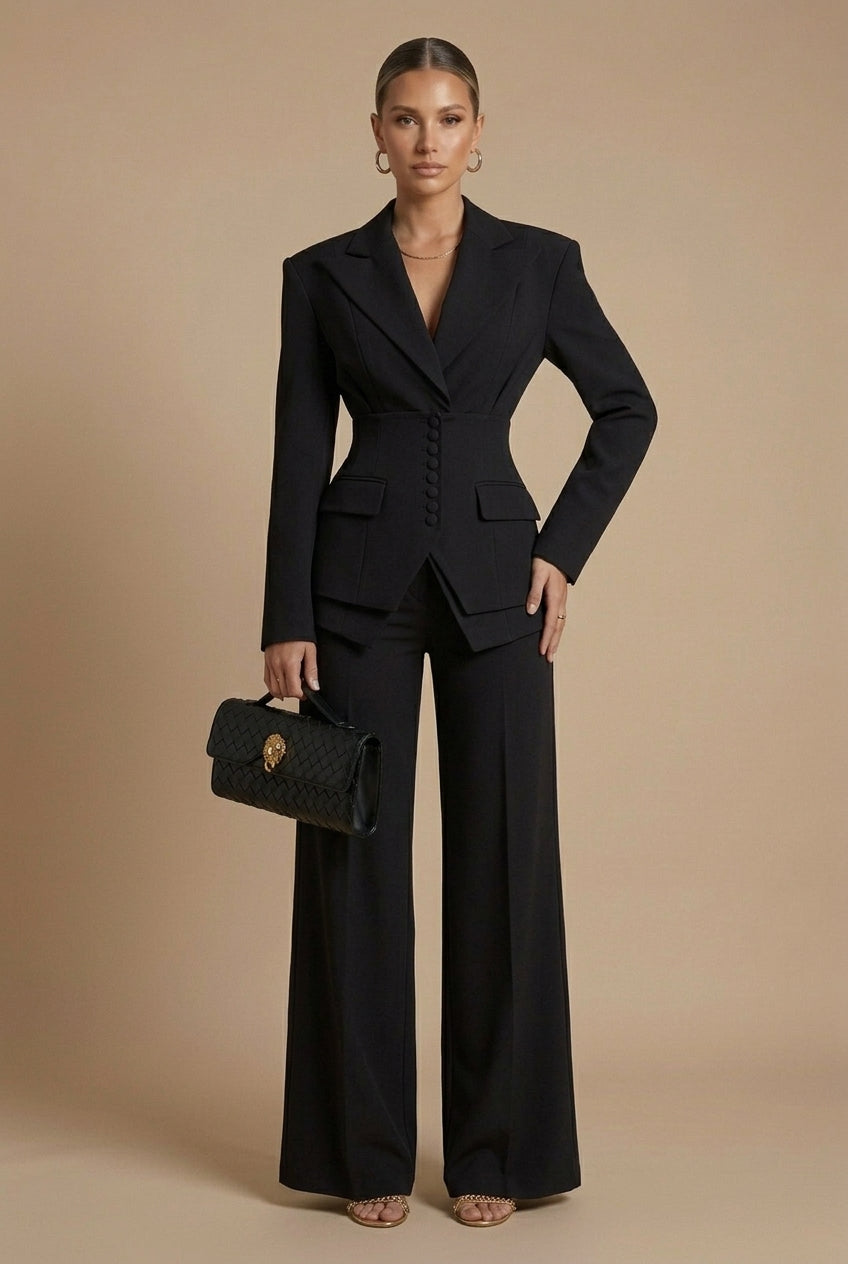 Women's Two-Piece Suit with Peaked Lapel Blazer and Wide-Leg Trousers