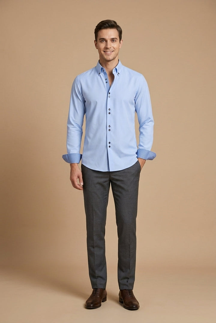 Men's Long-Sleeve Dress Shirt with Double Collar and Contrast Cuffs