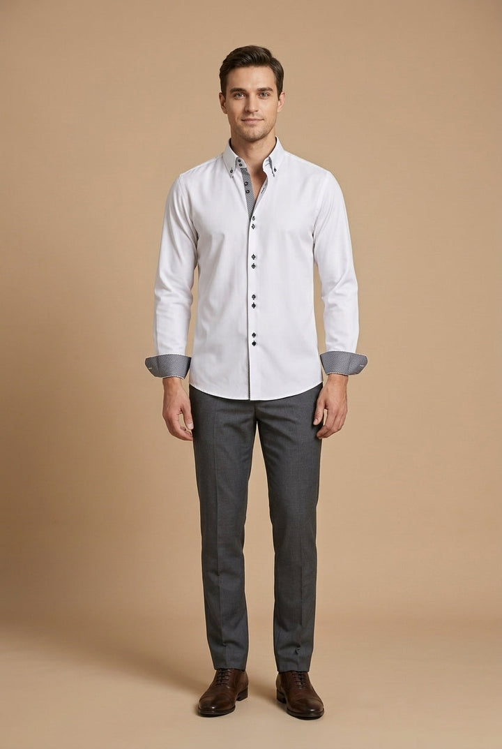 Men's Long-Sleeve Dress Shirt with Double Collar and Contrast Cuffs