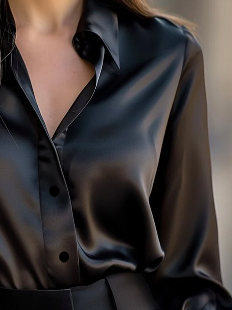 Women's Satin Blouse with Lapel Collar for Work and Casual Wear