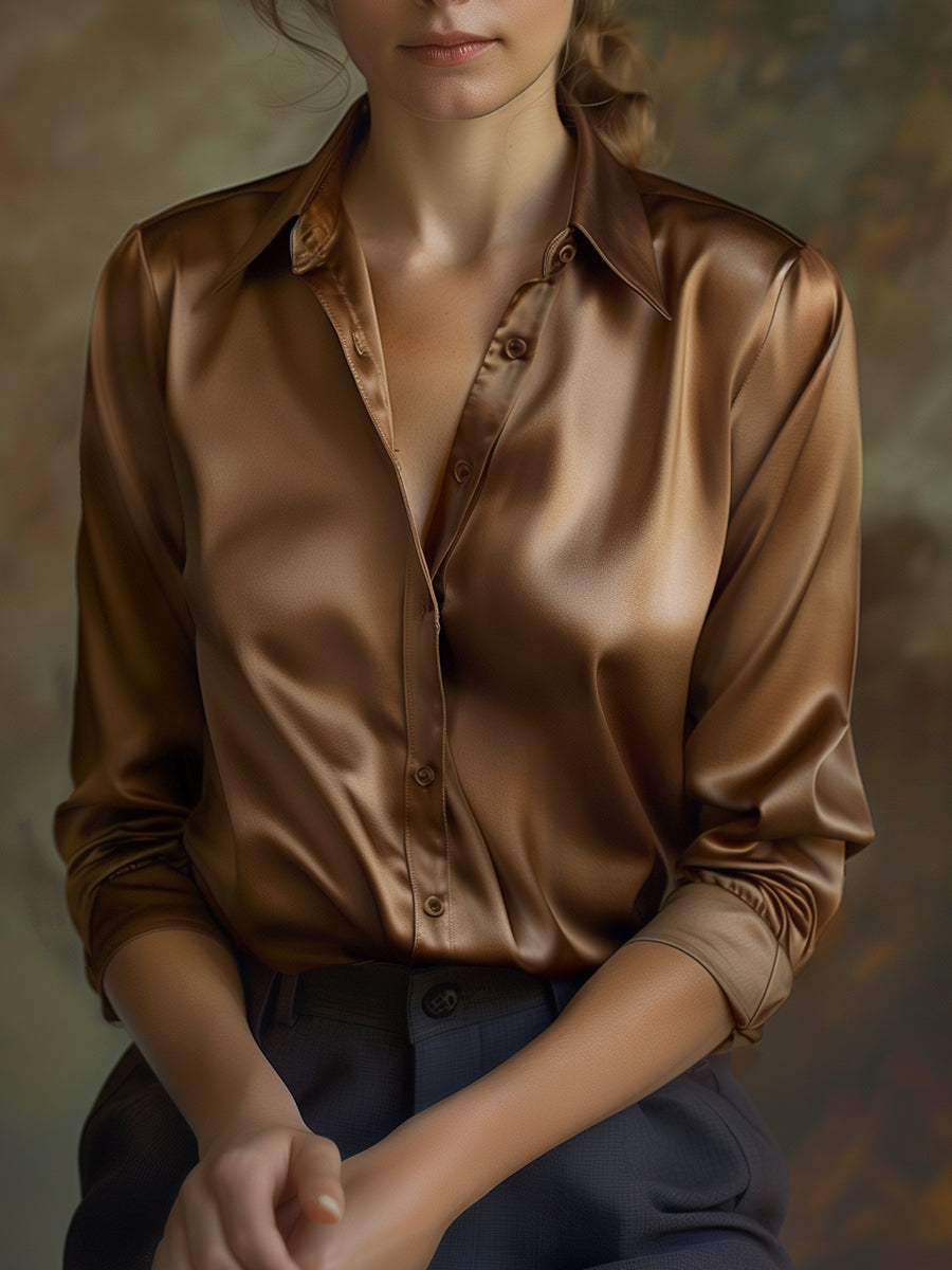 Women's Satin Blouse with Lapel Collar for Work and Casual Wear