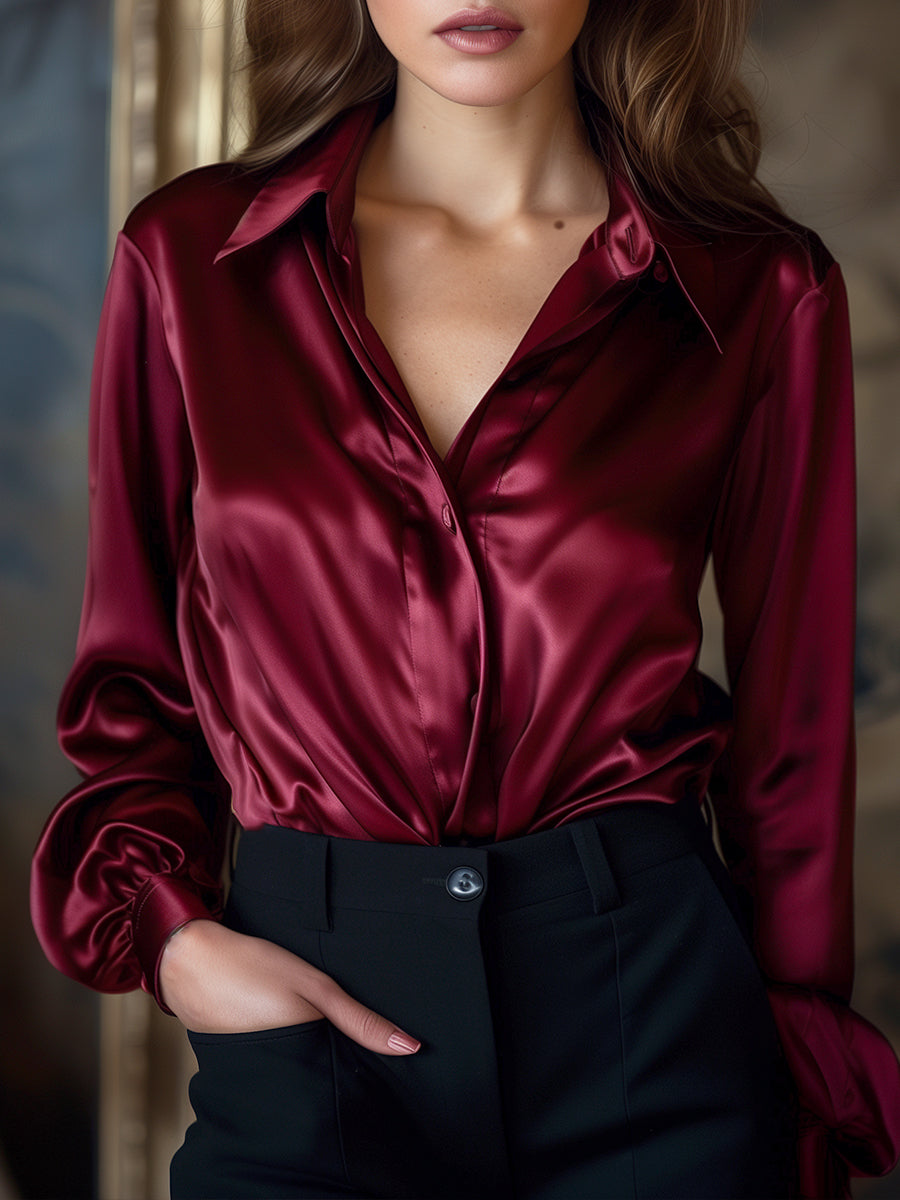 Women's Satin Blouse with Lapel Collar for Work and Casual Wear