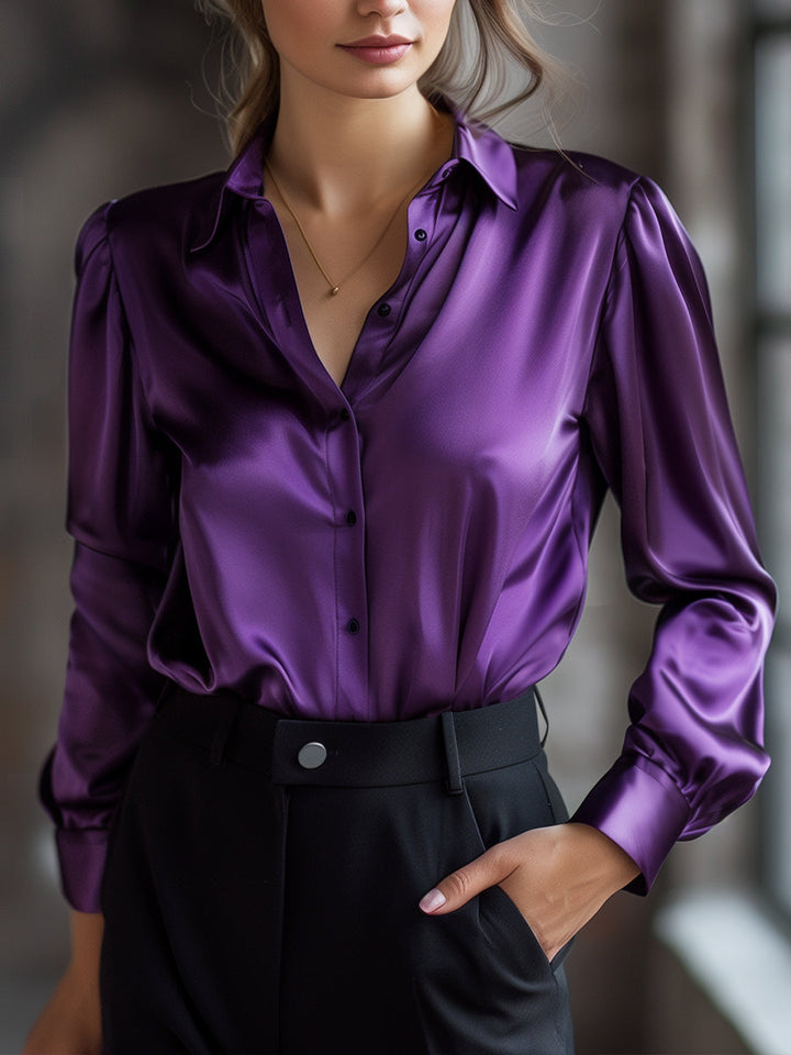 Women's Satin Blouse with Lapel Collar for Work and Casual Wear