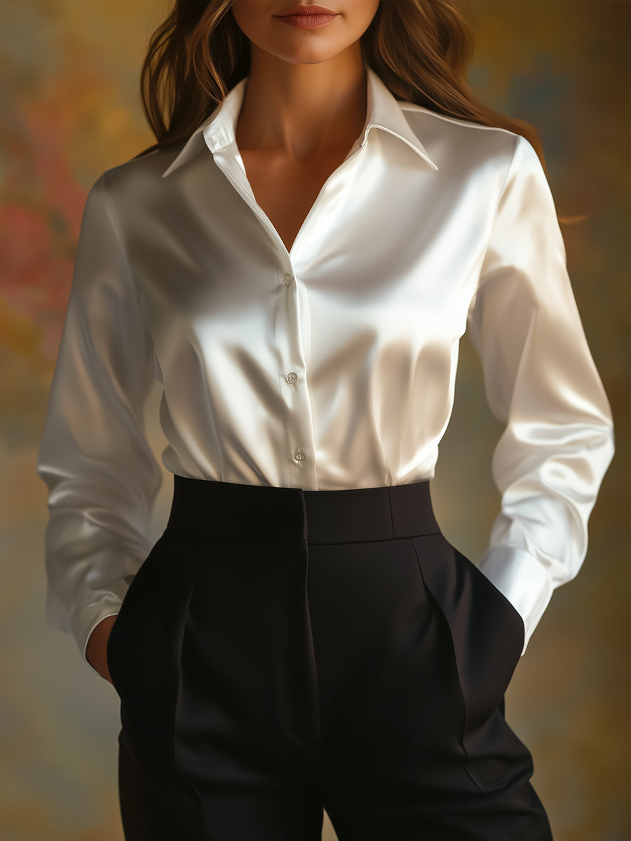 Women's Satin Blouse with Lapel Collar for Work and Casual Wear