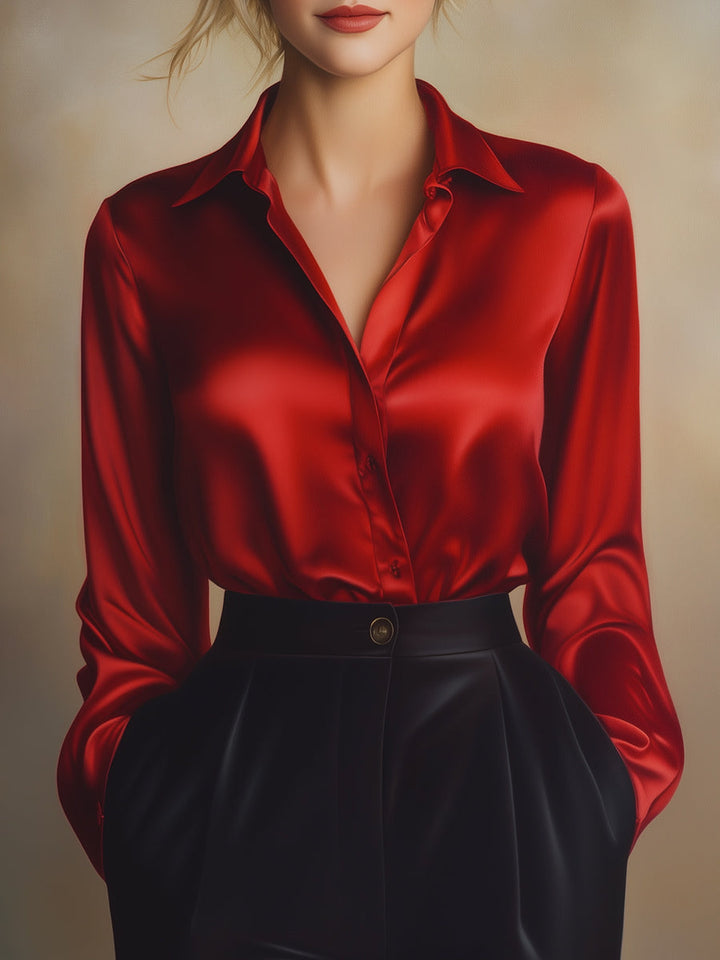 Women's Satin Blouse with Lapel Collar for Work and Casual Wear