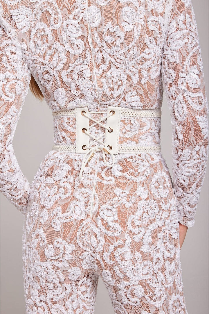 Women's Sequin Lace Long-Sleeve Jumpsuit with Flared Trousers