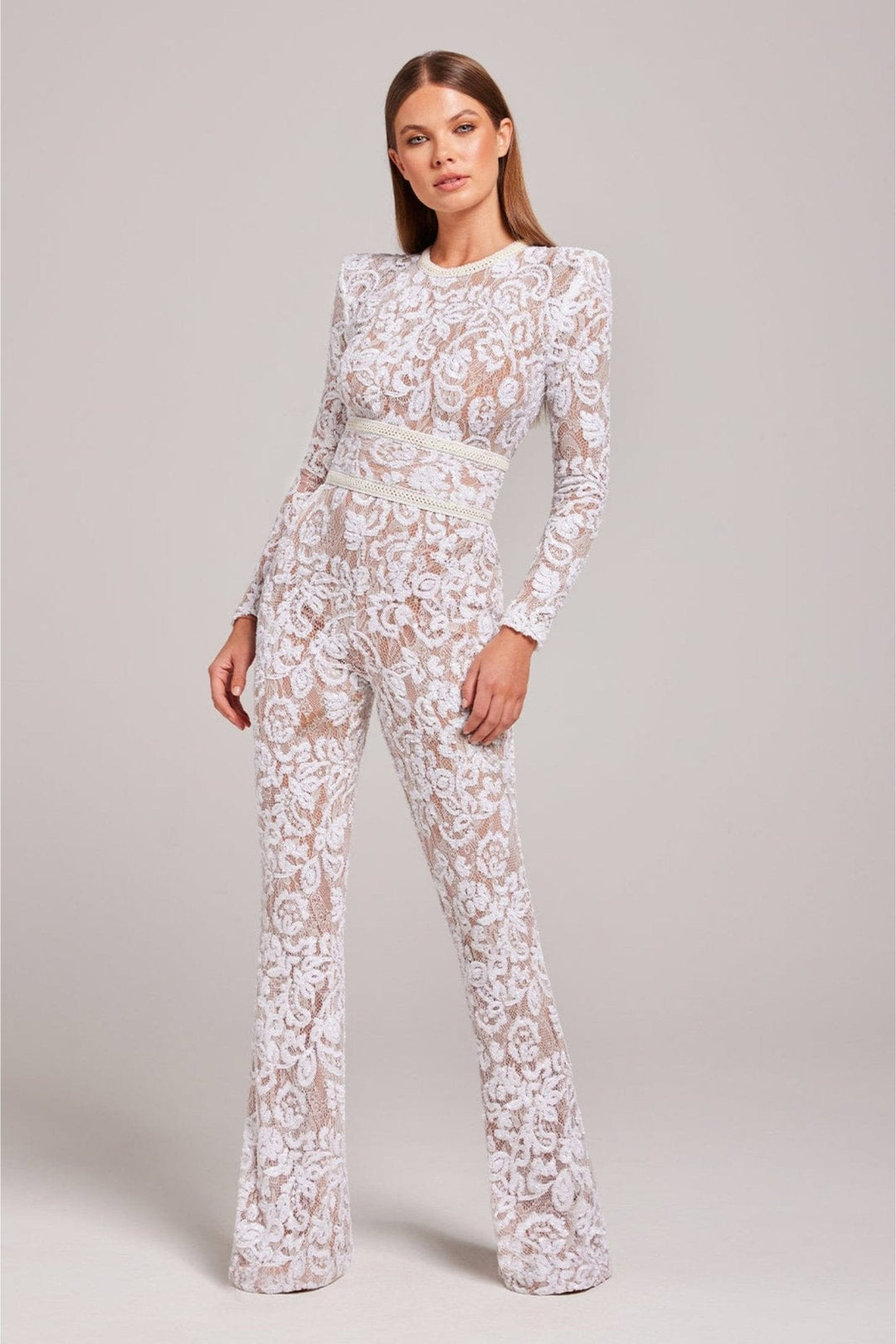 Women's Sequin Lace Long-Sleeve Jumpsuit with Flared Trousers