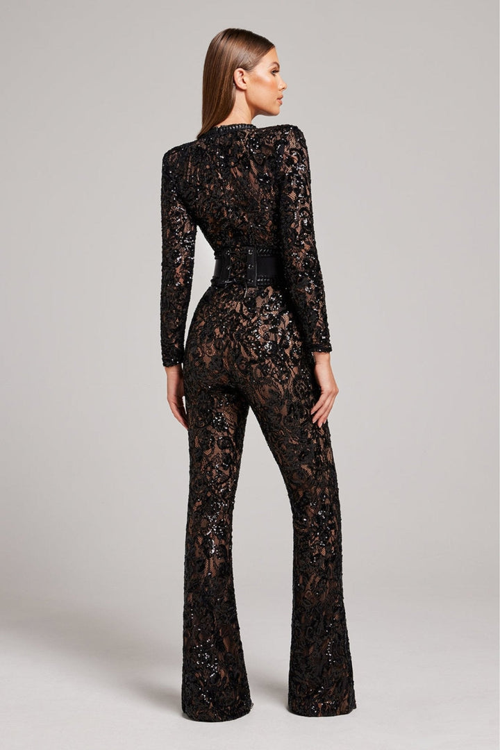 Women's Sequin Lace Long-Sleeve Jumpsuit with Flared Trousers