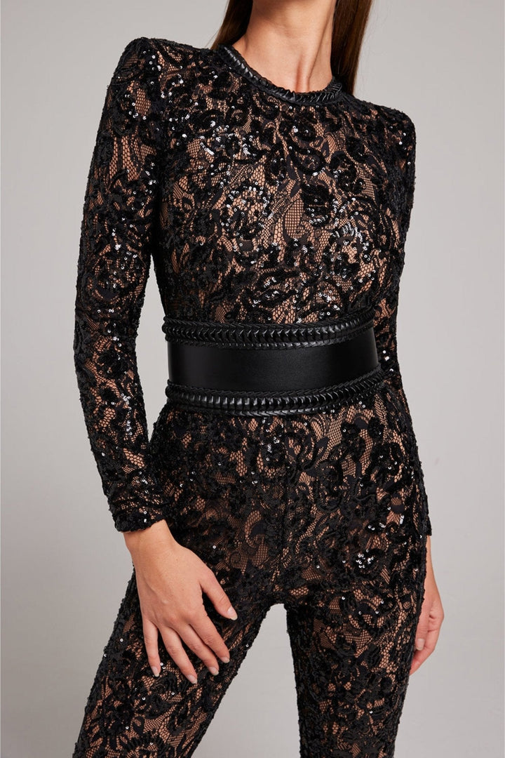 Women's Sequin Lace Long-Sleeve Jumpsuit with Flared Trousers