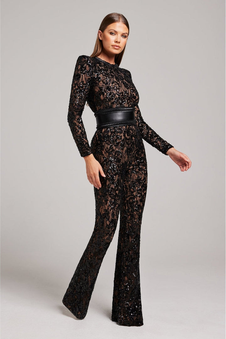 Women's Sequin Lace Long-Sleeve Jumpsuit with Flared Trousers