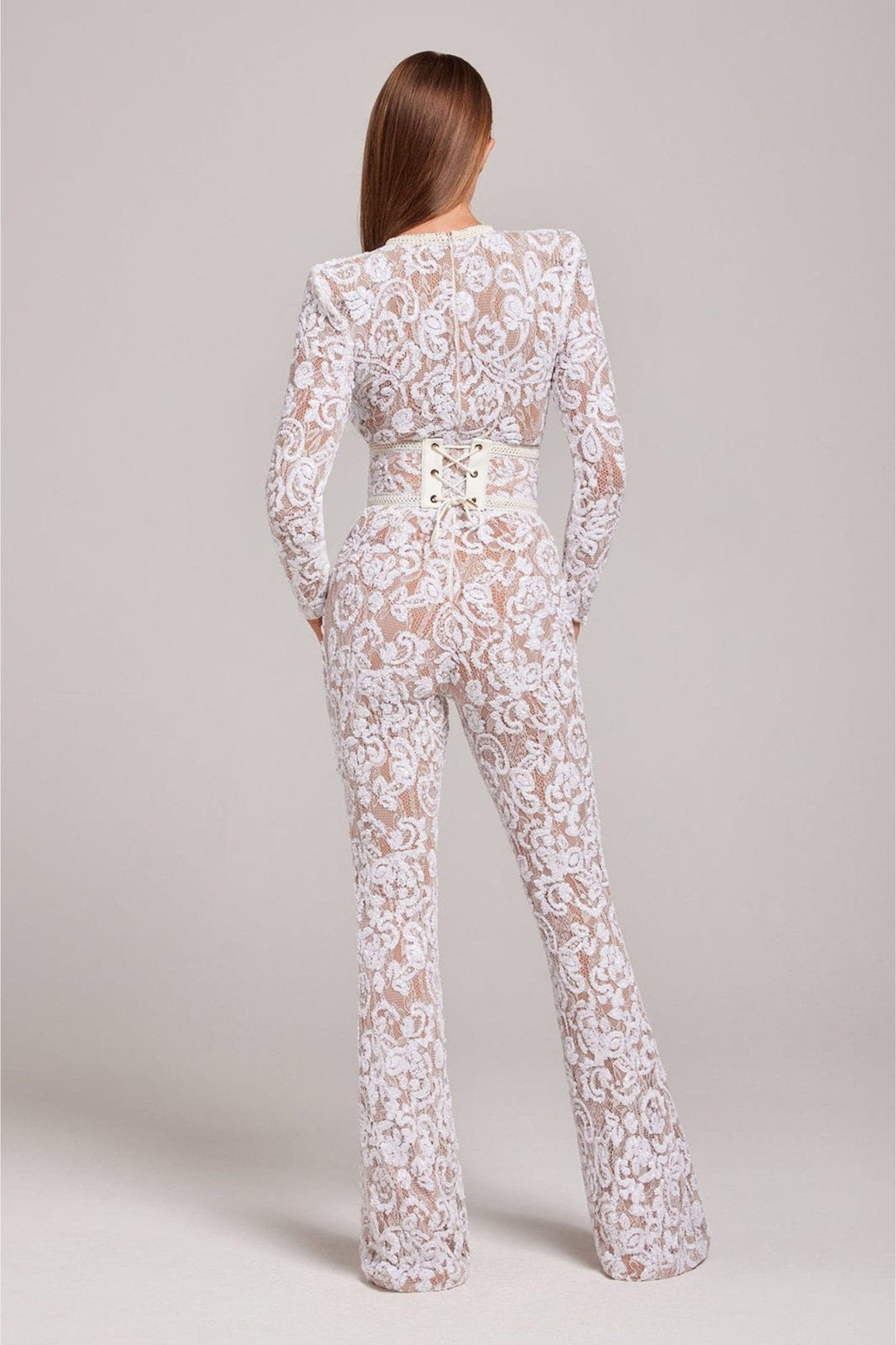 Women's Sequin Lace Long-Sleeve Jumpsuit with Flared Trousers