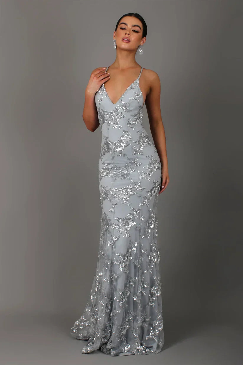 Women's Sequin Maxi Dress with V-Neck for Formal Evening Wear