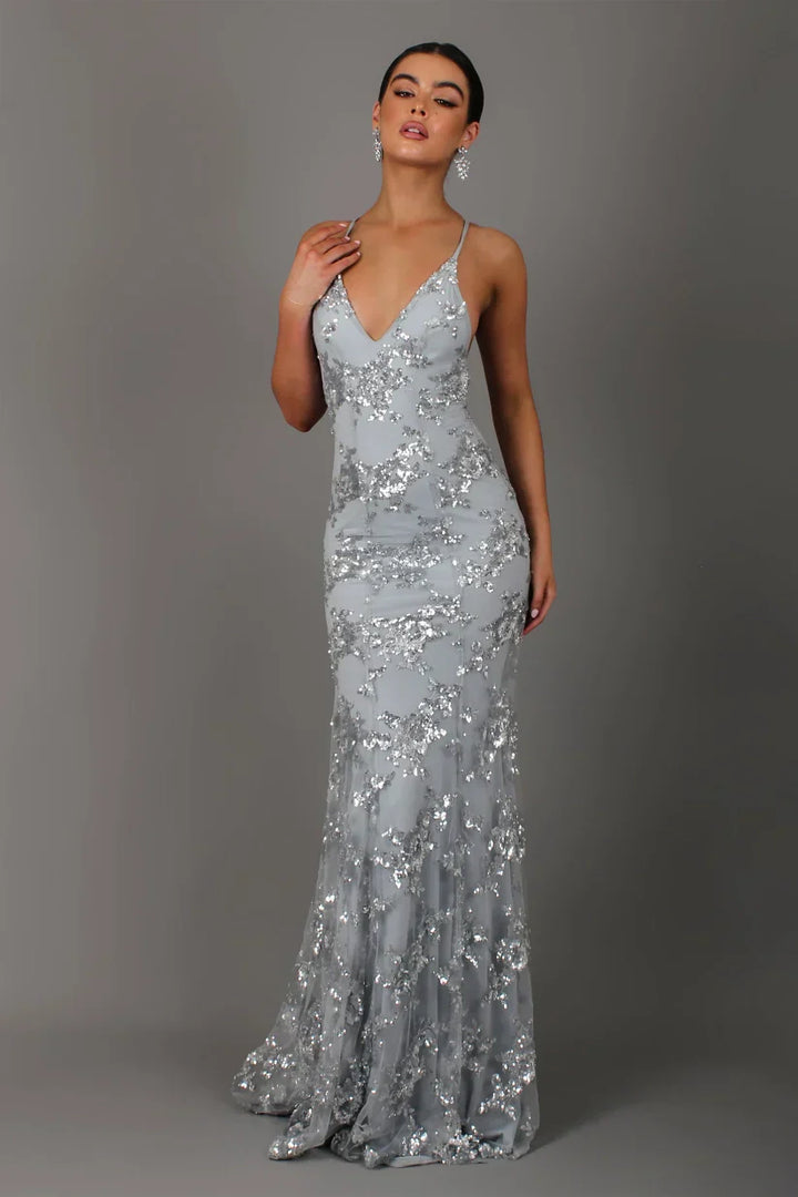 Women's Sequin Maxi Dress with V-Neck for Formal Evening Wear