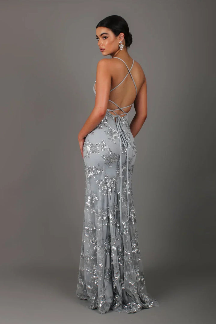 Women's Sequin Maxi Dress with V-Neck for Formal Evening Wear