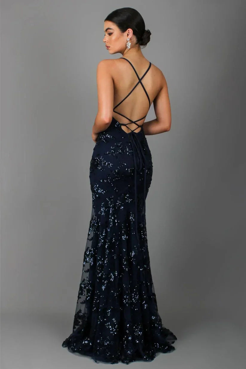 Women's Sequin Maxi Dress with V-Neck for Formal Evening Wear