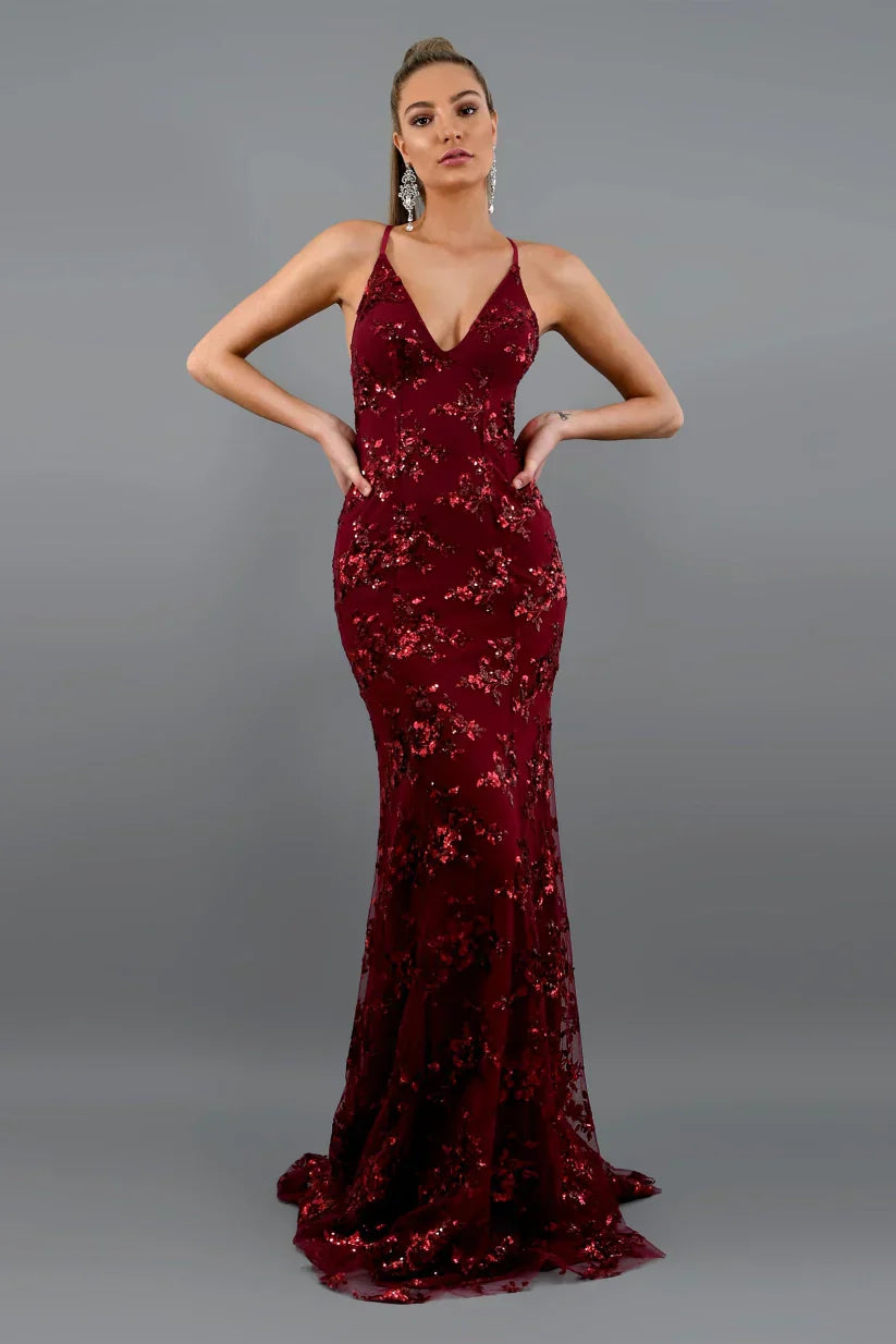 Women's Sequin Maxi Dress with V-Neck for Formal Evening Wear